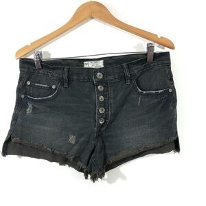 Free People Black Wash Distressed Button Shorts 28